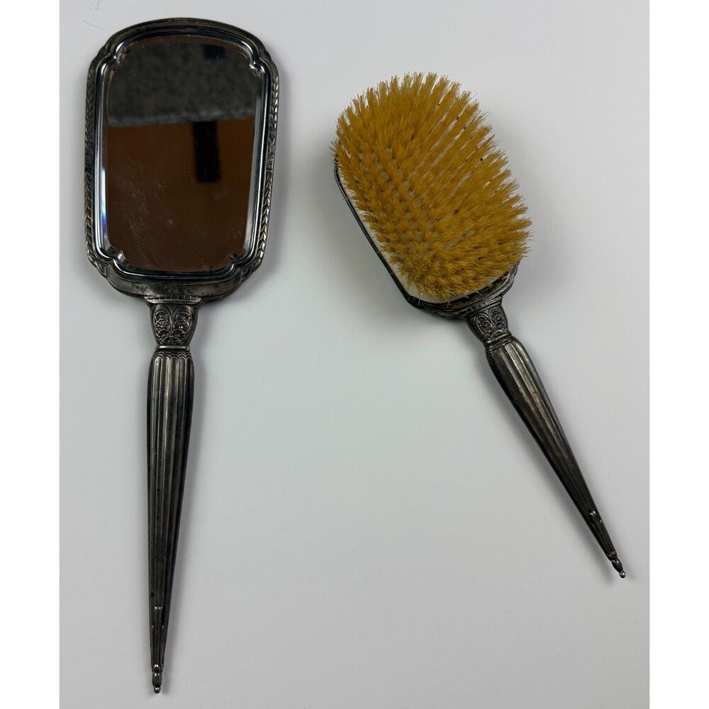 Antique Sterling Silver Vanity Set Hand Mirror & Brush Monogrammed LRE